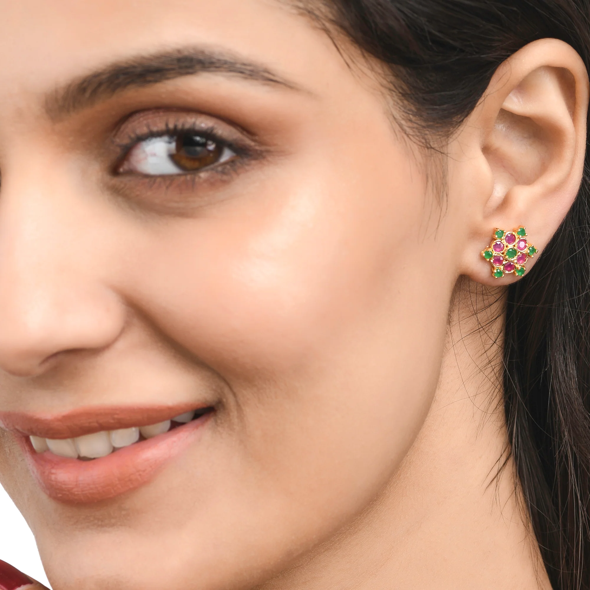 Round Cut Pink and Green CZ Stud Earrings - Image 2