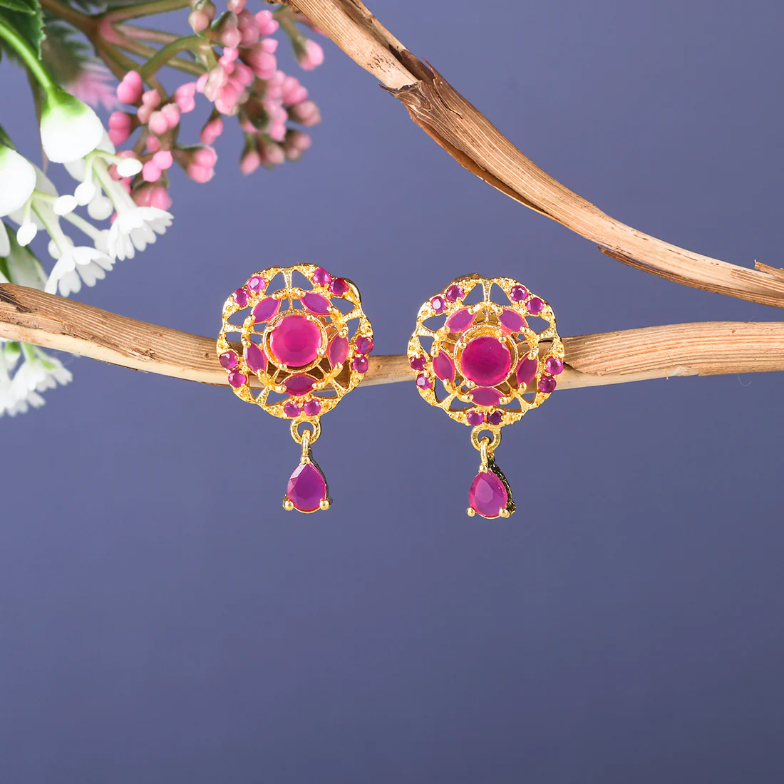 Round Cut Pink Zirconia Drop Stud Earrings