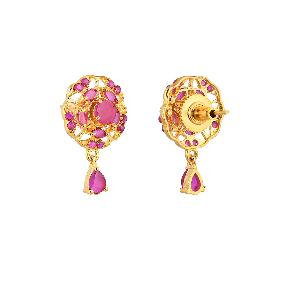 Round Cut Pink Zirconia Drop Stud Earrings - Image 5