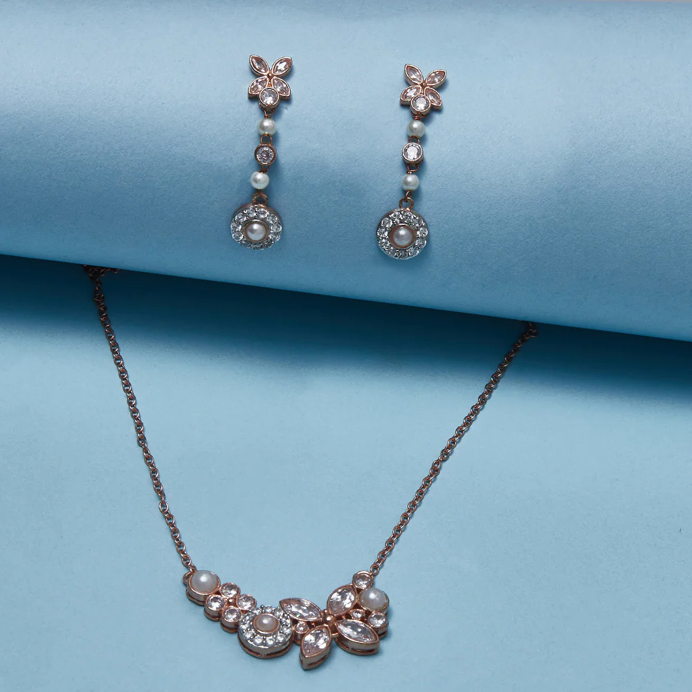 Round Cut Zircons and Faux Pearls Adorned Brass Gold Plated Pendant Set