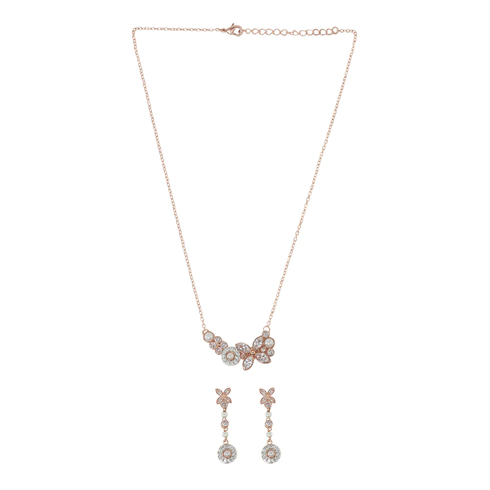 Round Cut Zircons and Faux Pearls Adorned Brass Gold Plated Pendant Set - Image 3