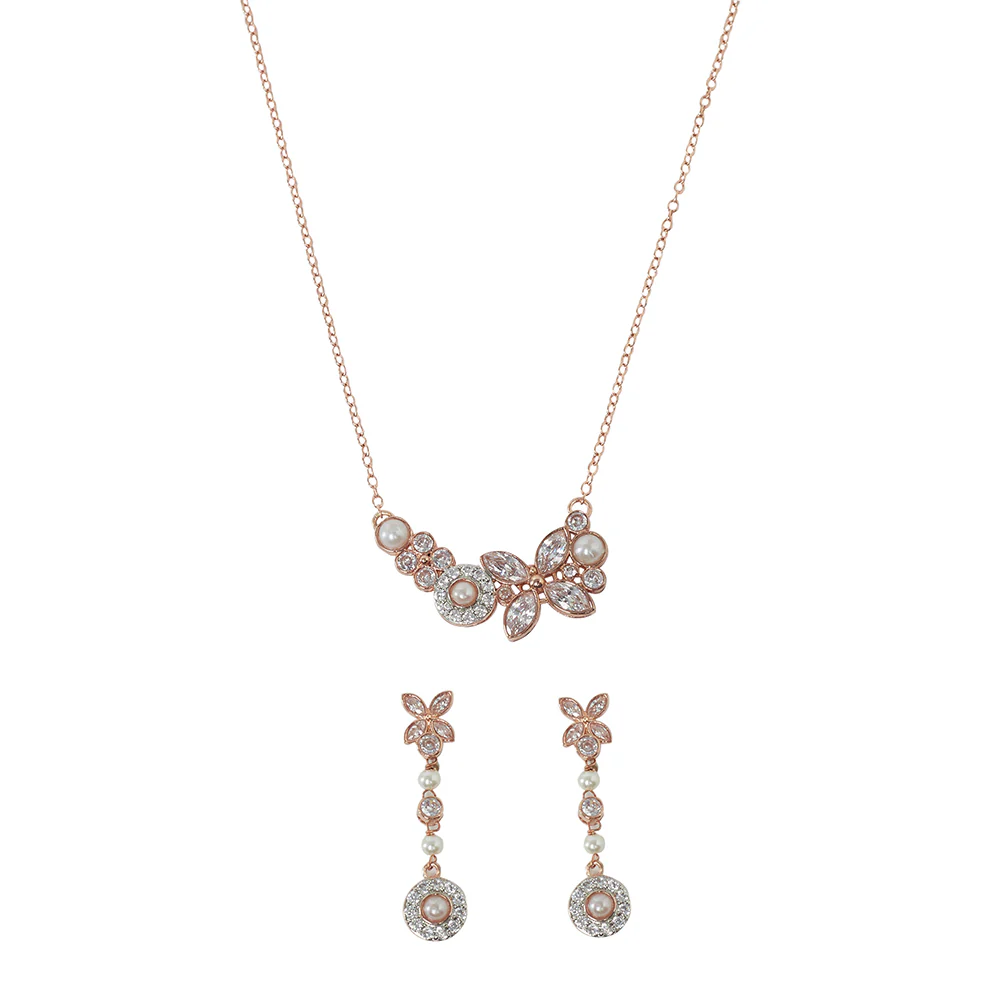 Round Cut Zircons and Faux Pearls Adorned Brass Gold Plated Pendant Set - Image 4