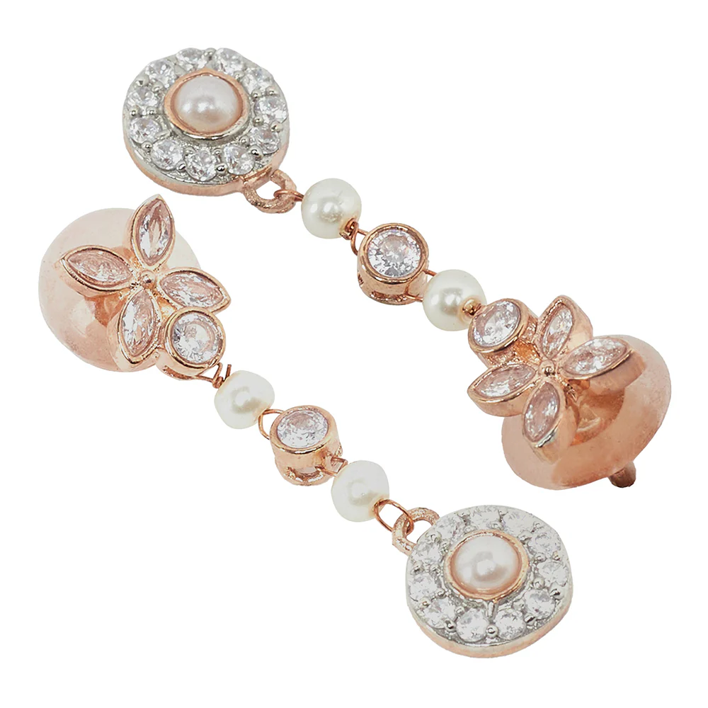 Round Cut Zircons and Faux Pearls Adorned Brass Gold Plated Pendant Set - Image 5