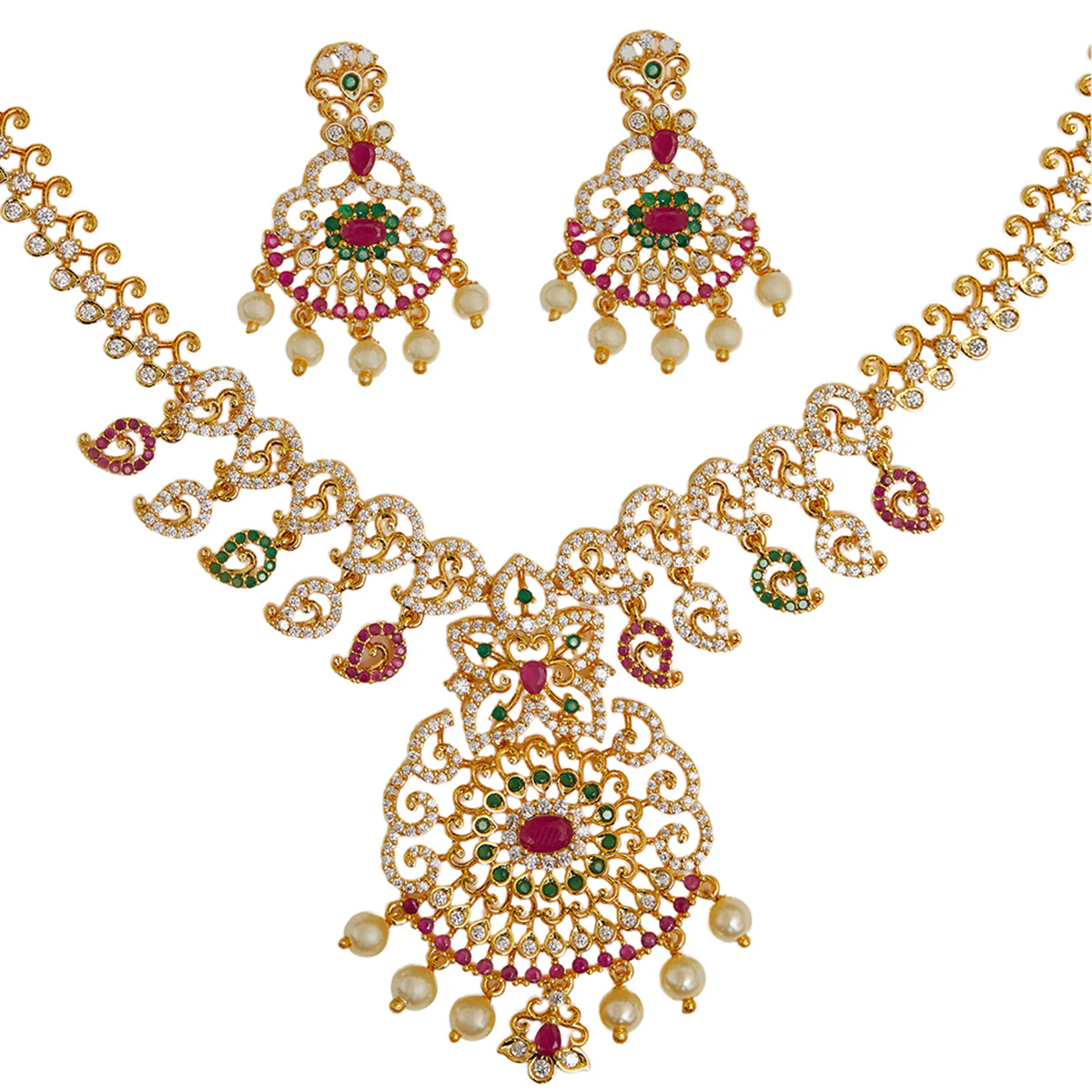 Round Cut Zircons and Faux White Pearls Adorned Brass Gold Plated Jewellery Set - Image 4