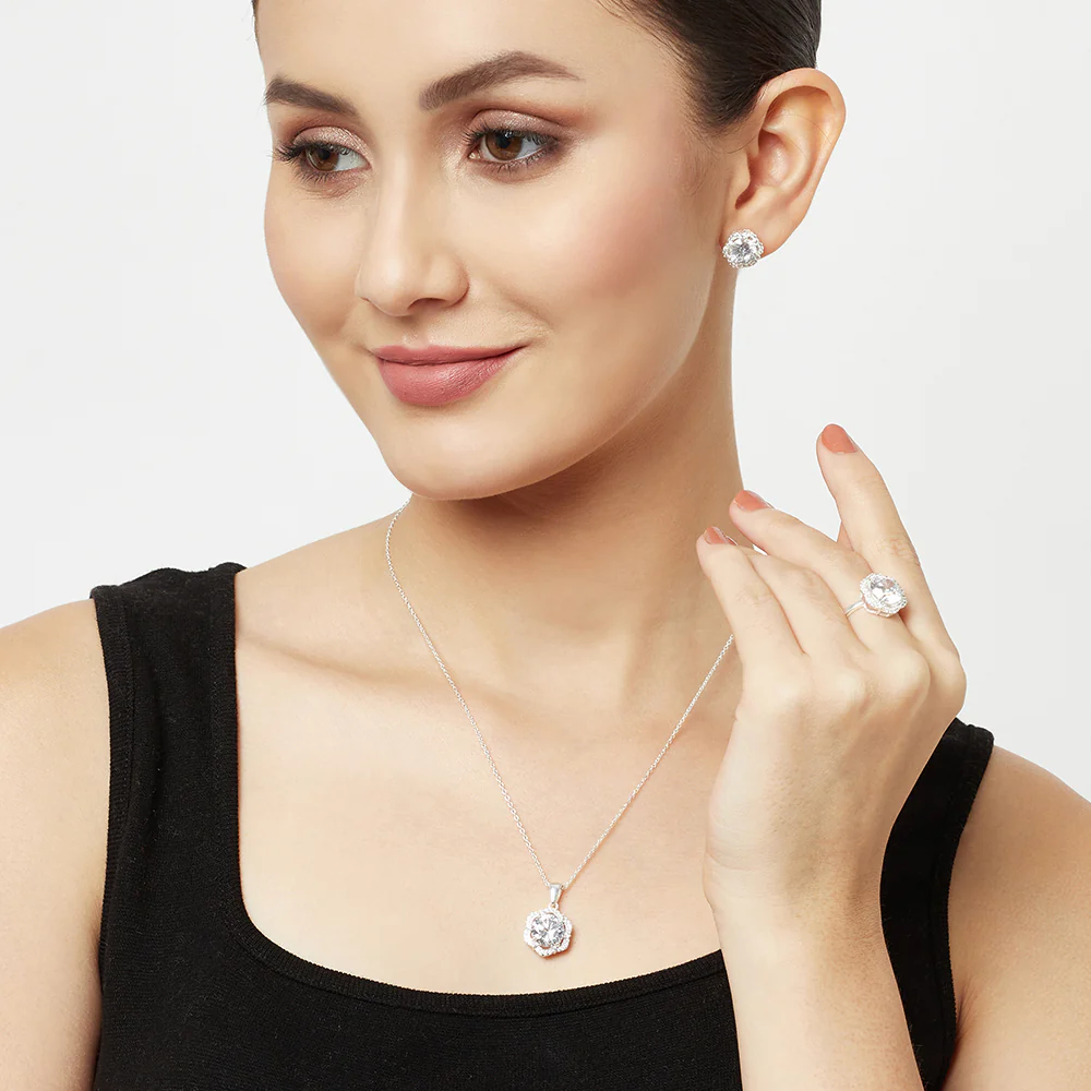 Round Cut Zircons Embellished Floral Motifs 925 Sterling Silver Box Set - Image 2