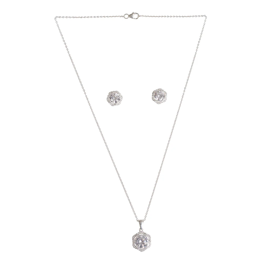 Round Cut Zircons Embellished Floral Motifs 925 Sterling Silver Box Set - Image 3
