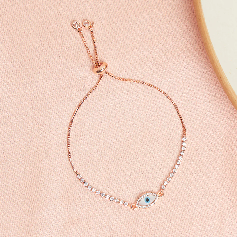 Round Cut Zircons Evil Eye Charm Brass Gold Plated Chain Bracelet