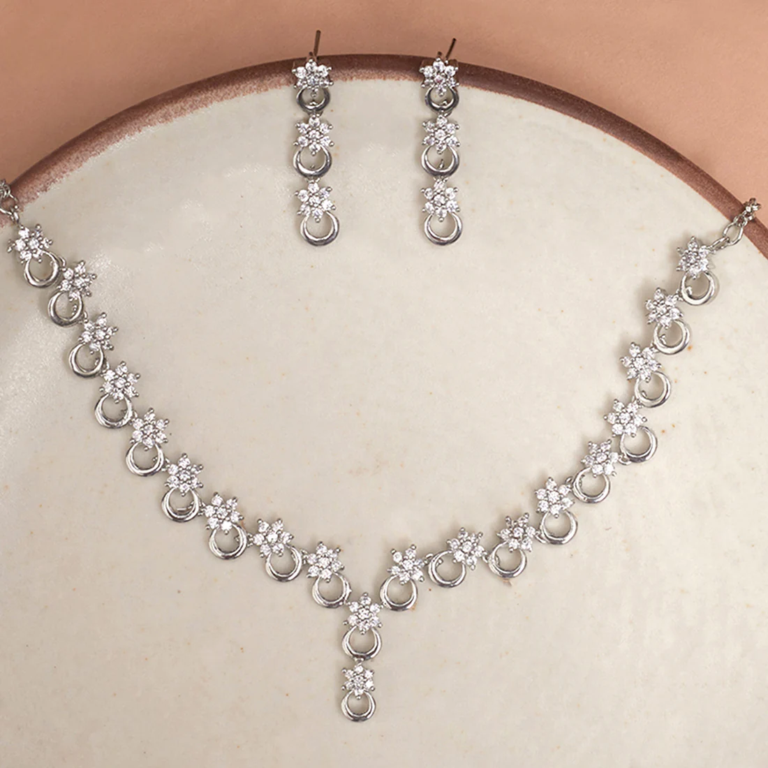 Round Cut Zircons Floral Design Brass Jewellery Set
