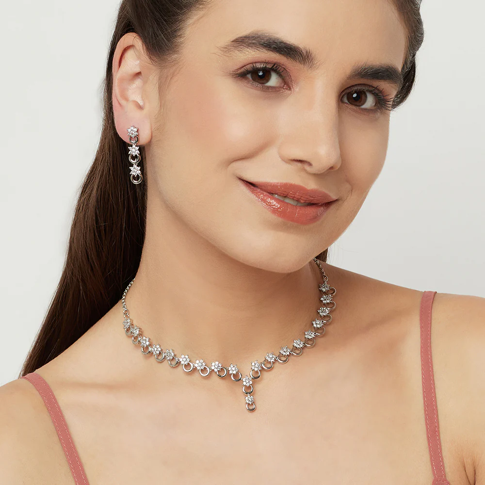 Round Cut Zircons Floral Design Brass Jewellery Set - Image 2