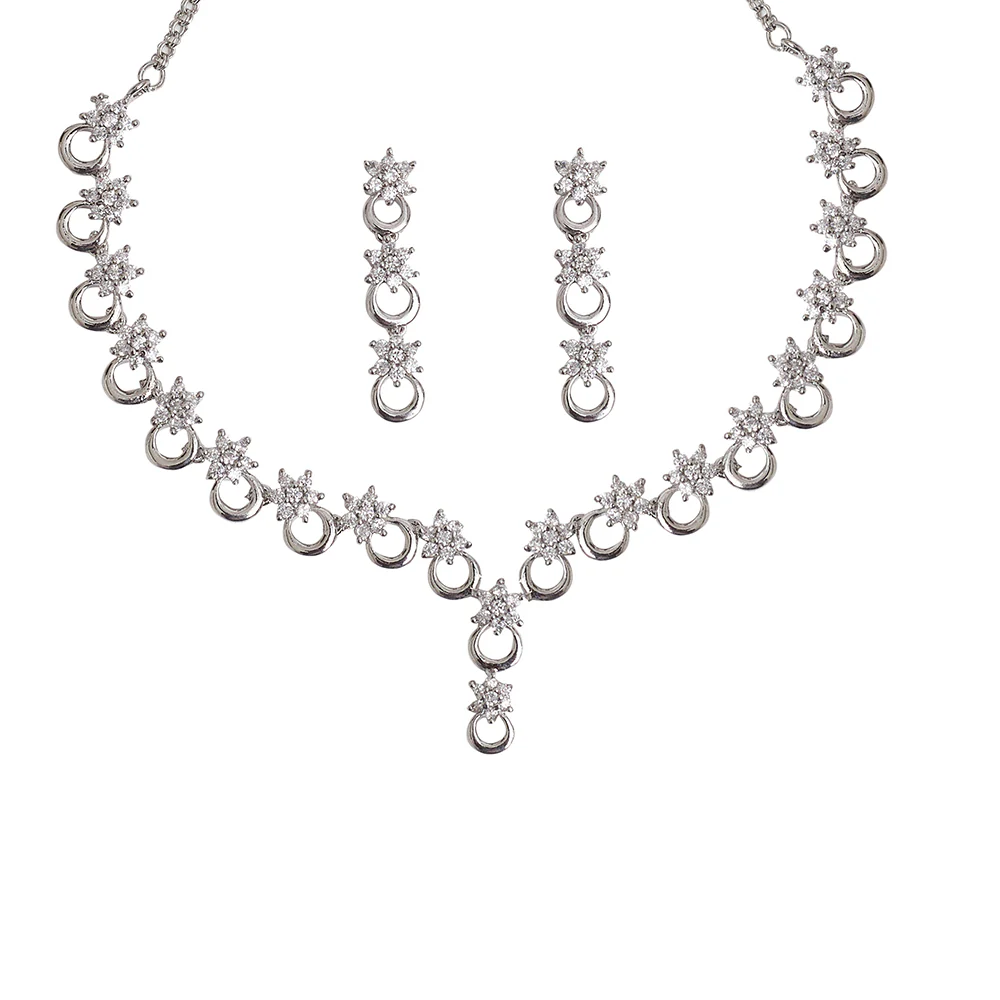 Round Cut Zircons Floral Design Brass Jewellery Set - Image 4