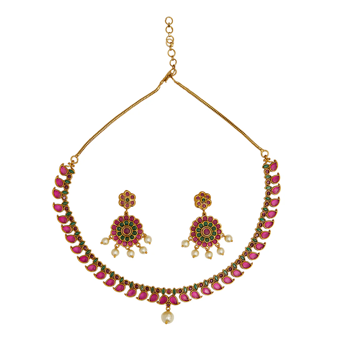 Round Faux White Pearls Adorned Ethnic Gold Toned Brass Jewellery Set - Image 3