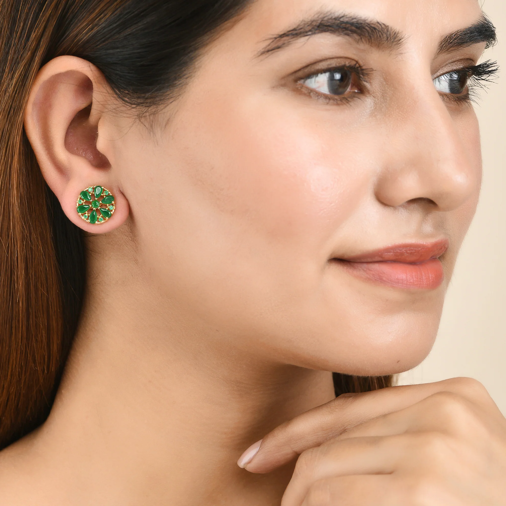 Round Green Zirconia Gems Stud Earrings - Image 2