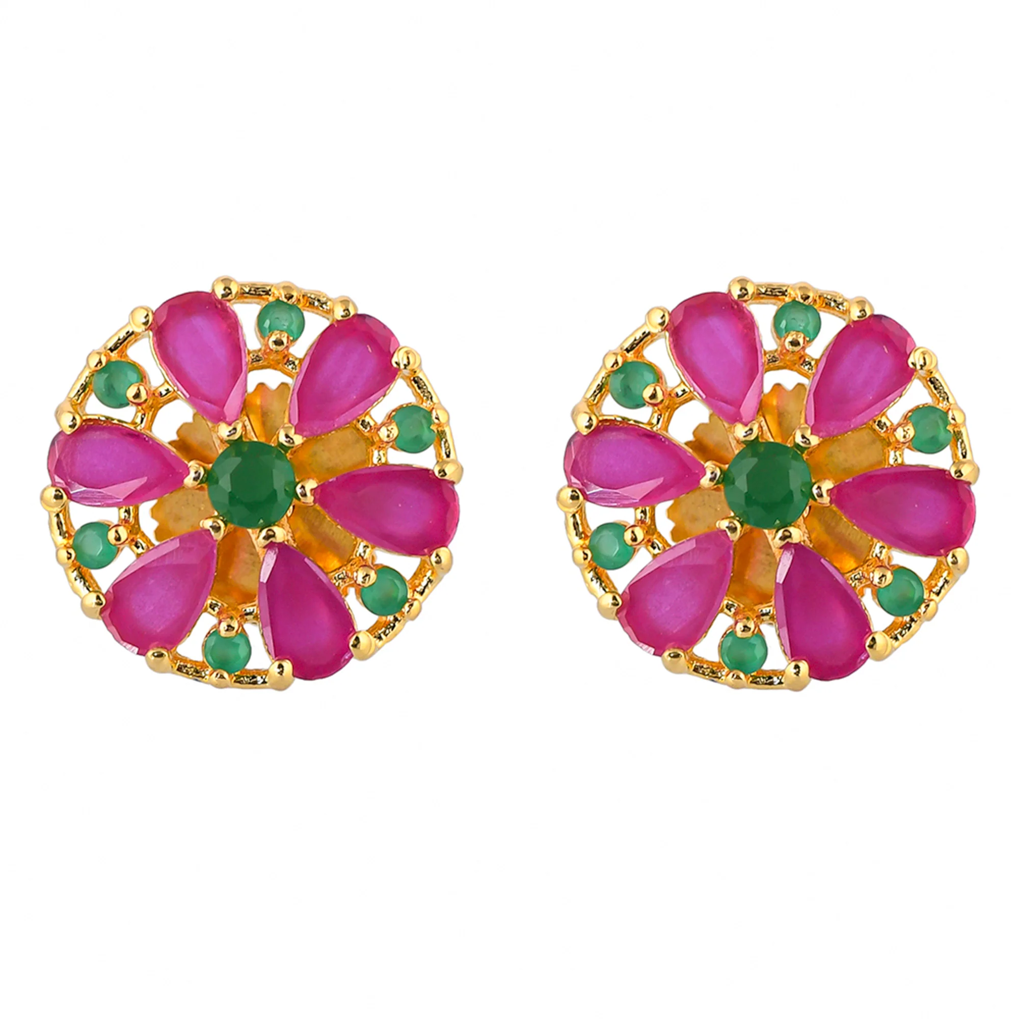 Round Pink and Green CZ Gems Stud Earrings - Image 3