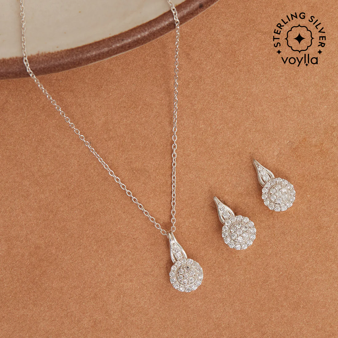 Round Sparkle CZ 925 Sterling Silver Pendant Set
