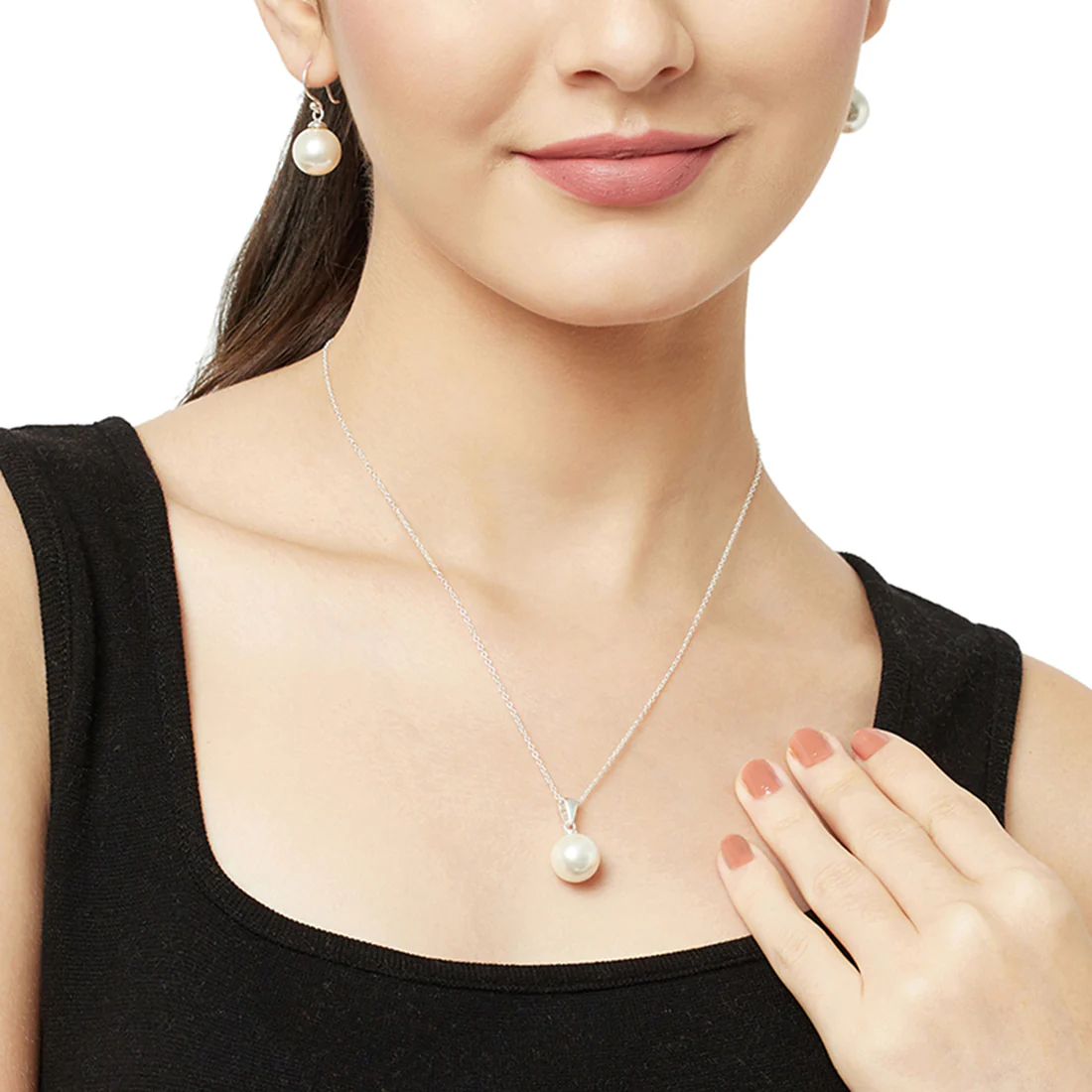 Round White Pearls Silver Plated Sterling Silver Pendant Set - Image 2
