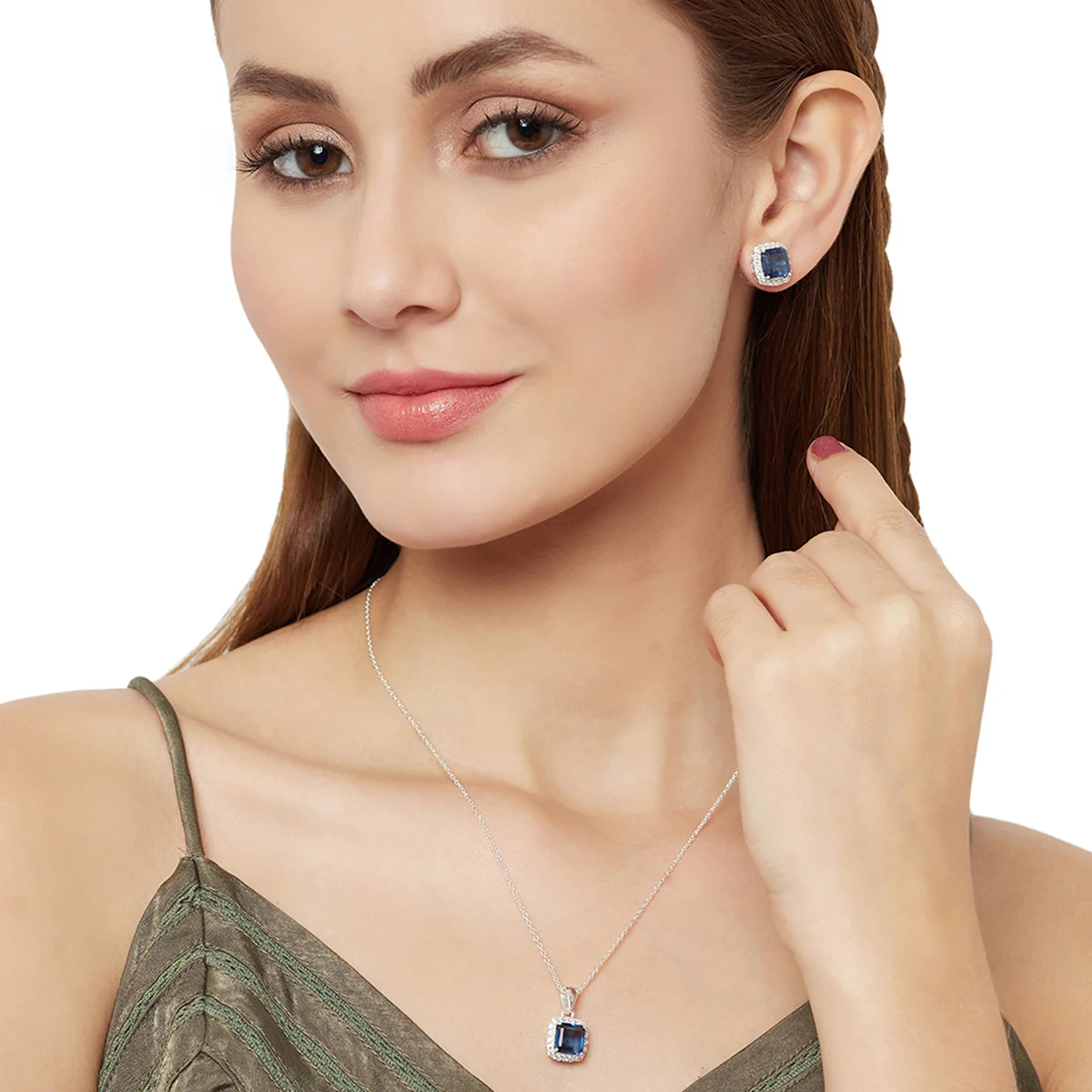 Royal Blue Stone Adorned 925 Sterling Silver Pendant Set - Image 2