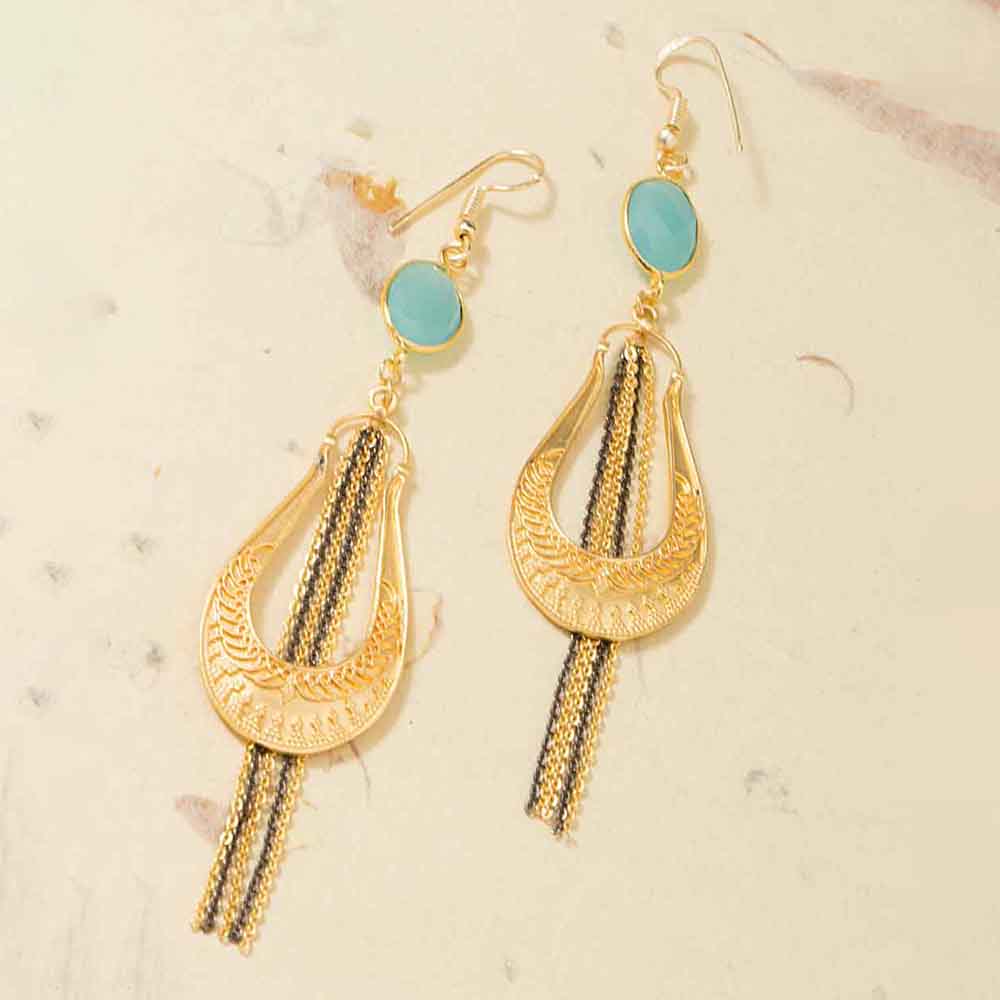 Royal Look Golden Dangler Earrings Studded With Aqua Blue Stones