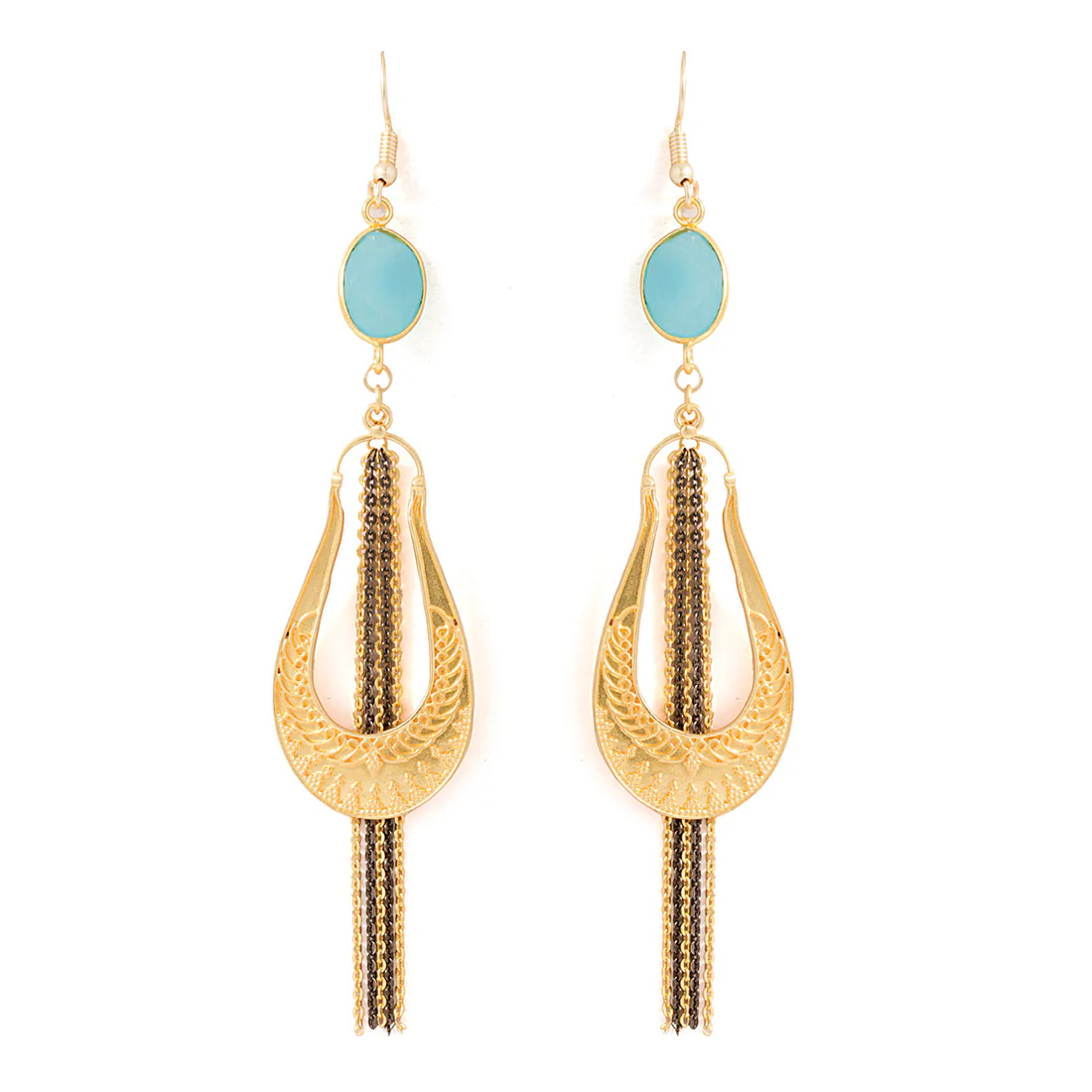Royal Look Golden Dangler Earrings Studded With Aqua Blue Stones - Image 2
