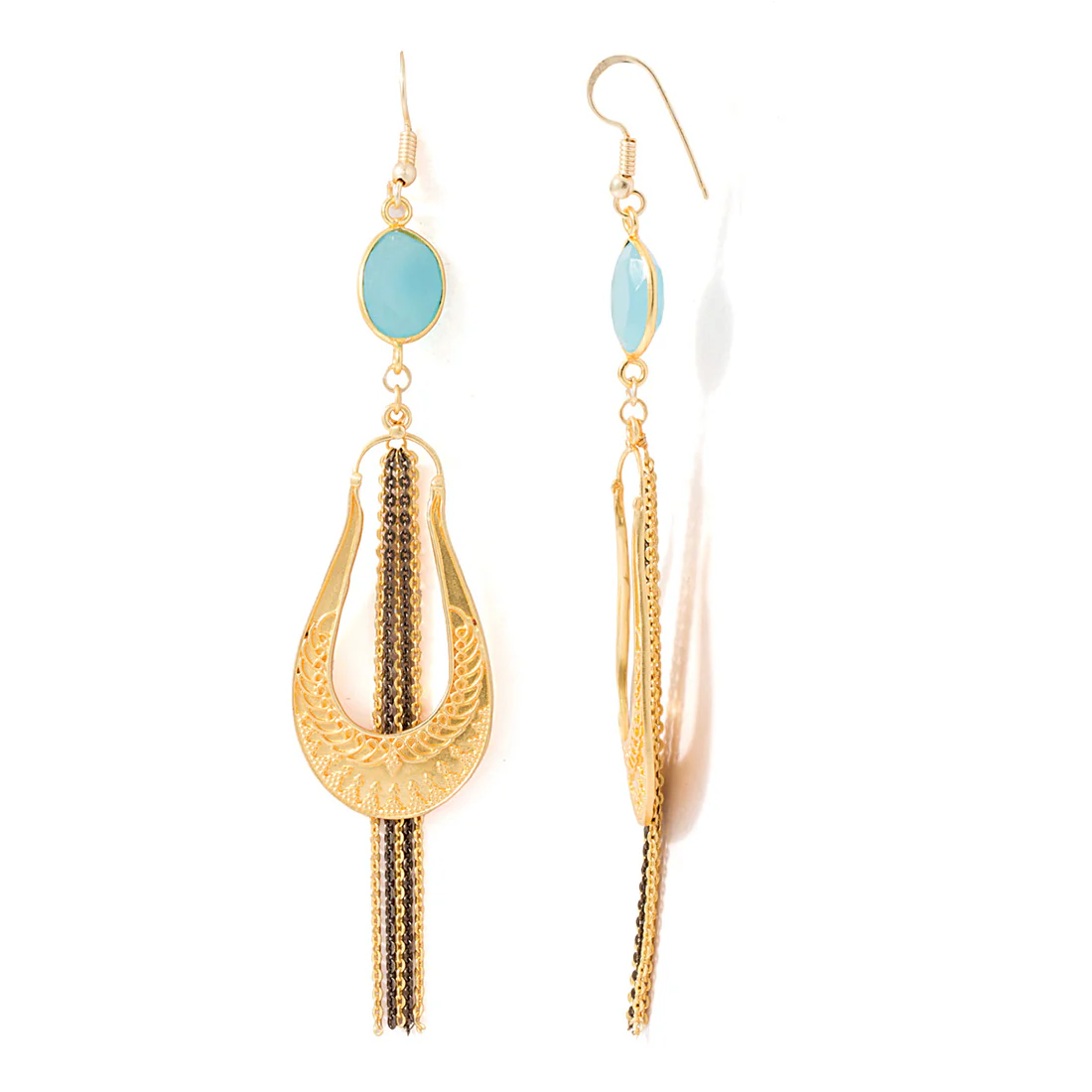 Royal Look Golden Dangler Earrings Studded With Aqua Blue Stones - Image 3