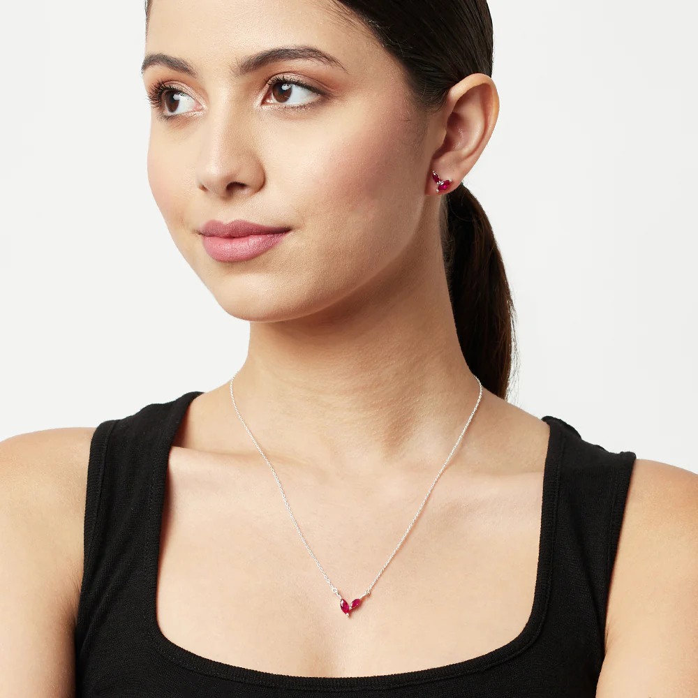 Ruby Marquise CZ Pendant Set and Stud Earrings in 925 Sterling Silver - Image 2