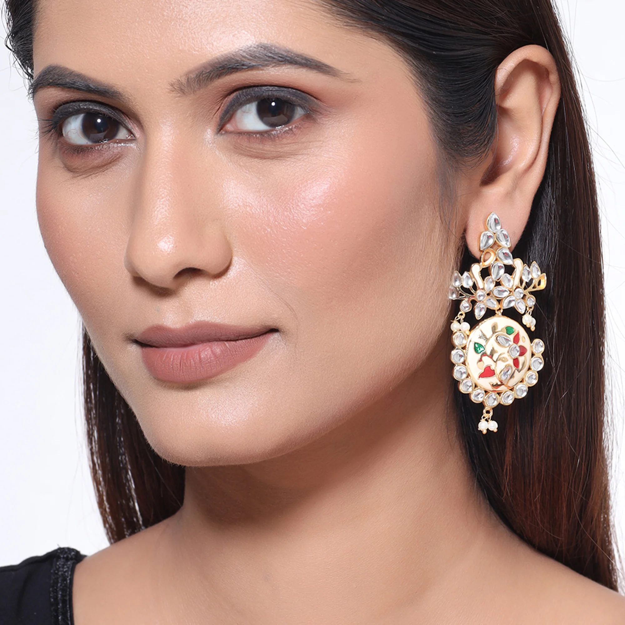 Sangemarmar Faux Kundan Gems Embellished Drop Earrings - Image 2