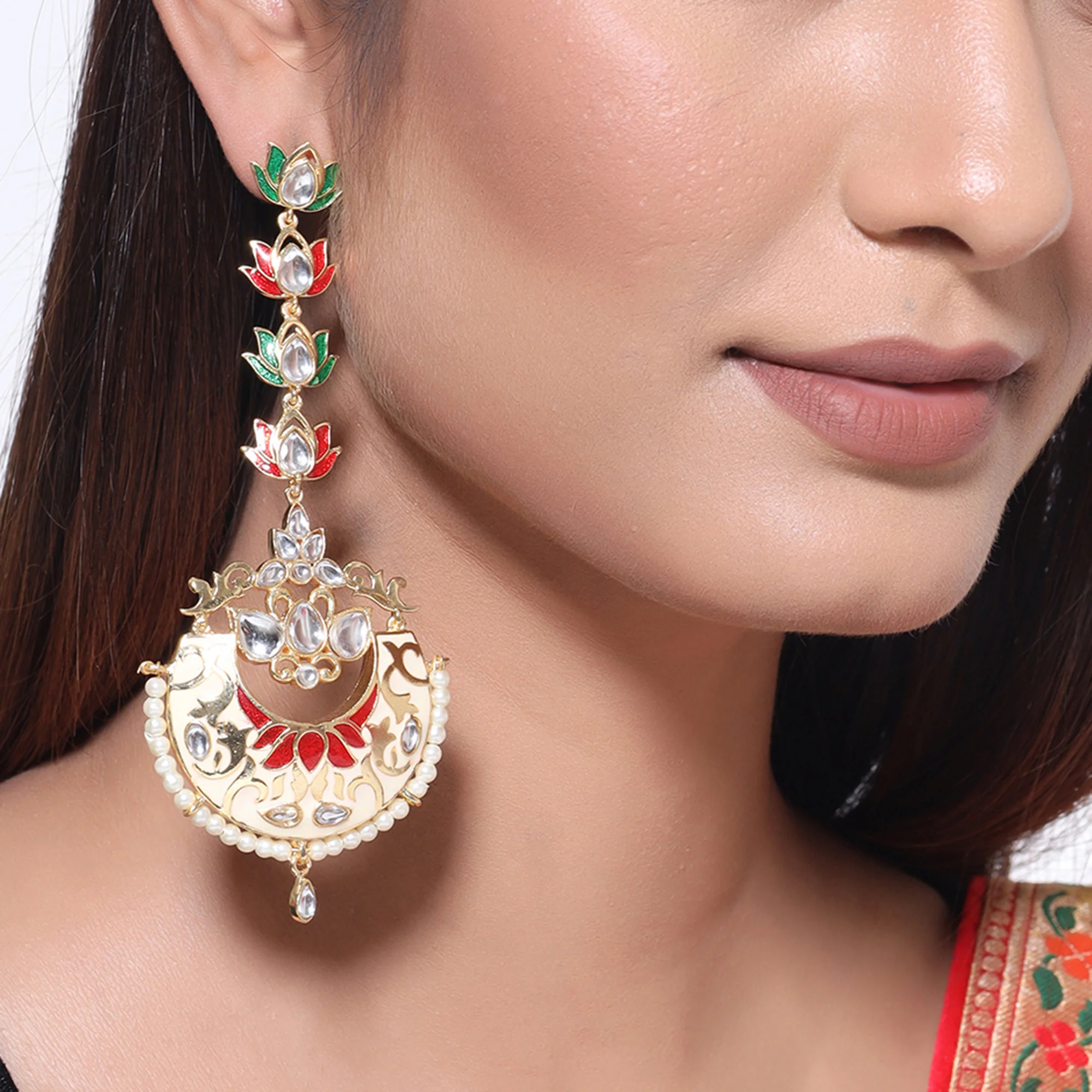 Sangemarmar Lotus Motifs Enameled Earrings - Image 2
