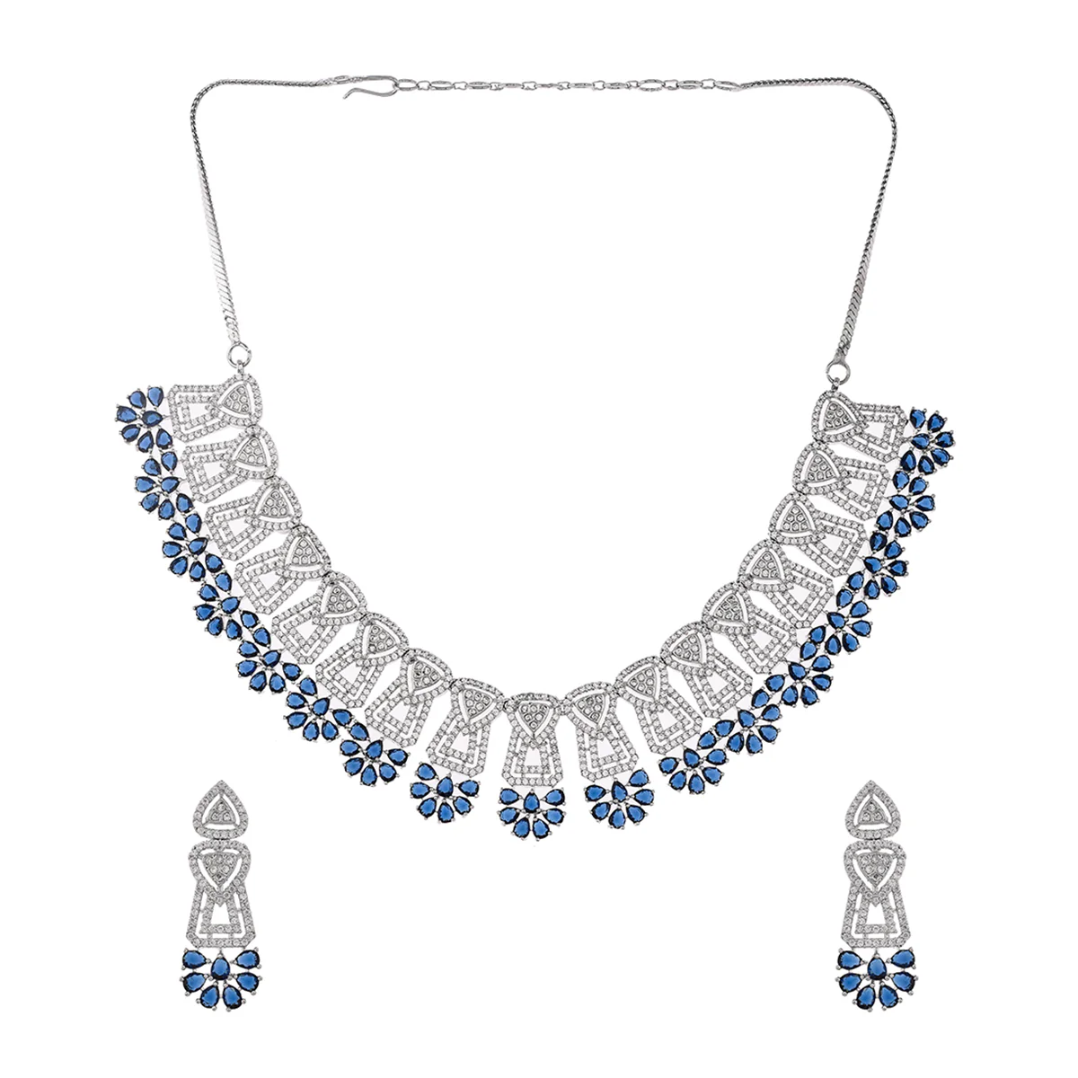 Sapphire and White Cluster Setting Zircons Silver Plated Brass Jewellery Set - Image 3