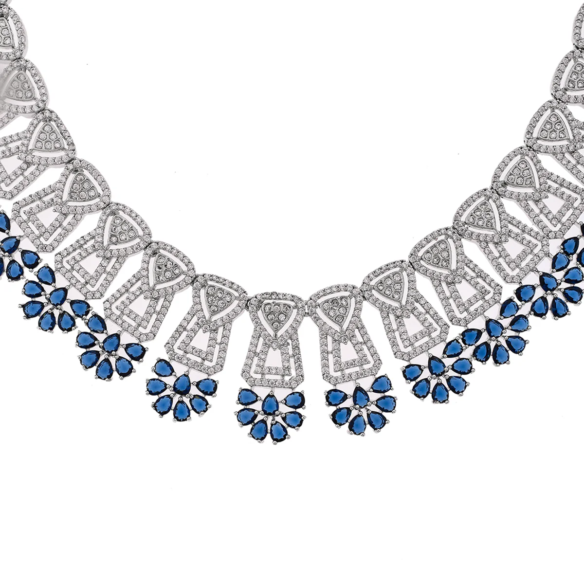Sapphire and White Cluster Setting Zircons Silver Plated Brass Jewellery Set - Image 4