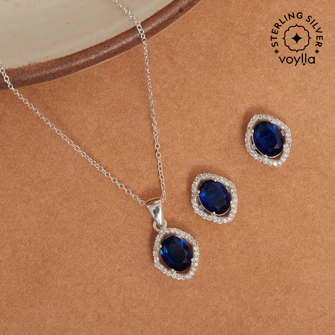 Sapphire Floating Stone 925 Sterling Silver Pendant Set