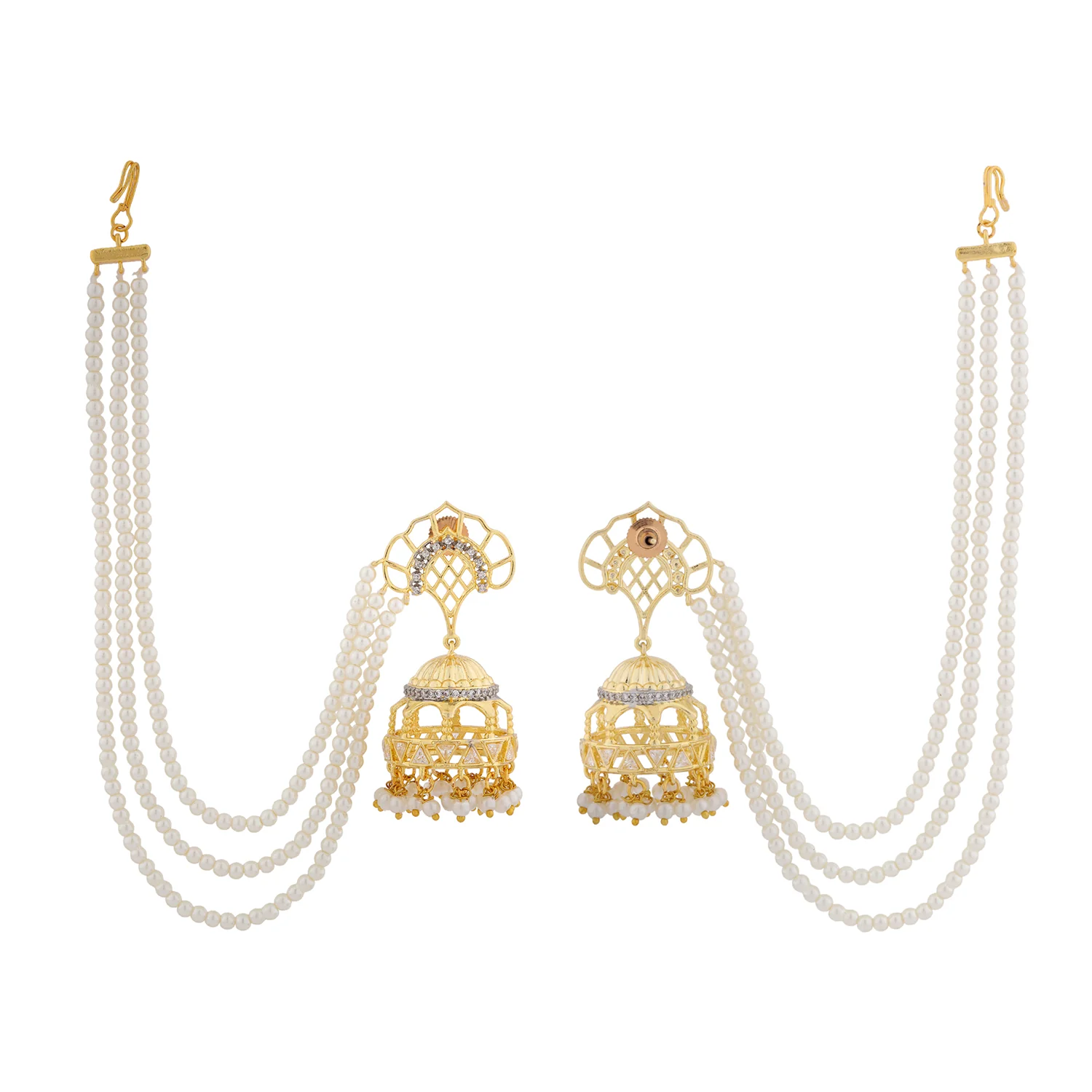 Shahi Dwar Royal Pearl Jhumka Earrings with Chain - Image 6