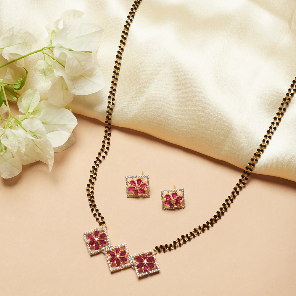 Shimmering Floret American Diamond CZ 3 Square Brass Black Beaded Mangalsutra with Earrings