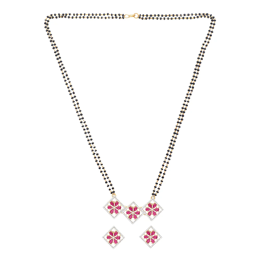 Shimmering Floret American Diamond CZ 3 Square Brass Black Beaded Mangalsutra with Earrings - Image 2