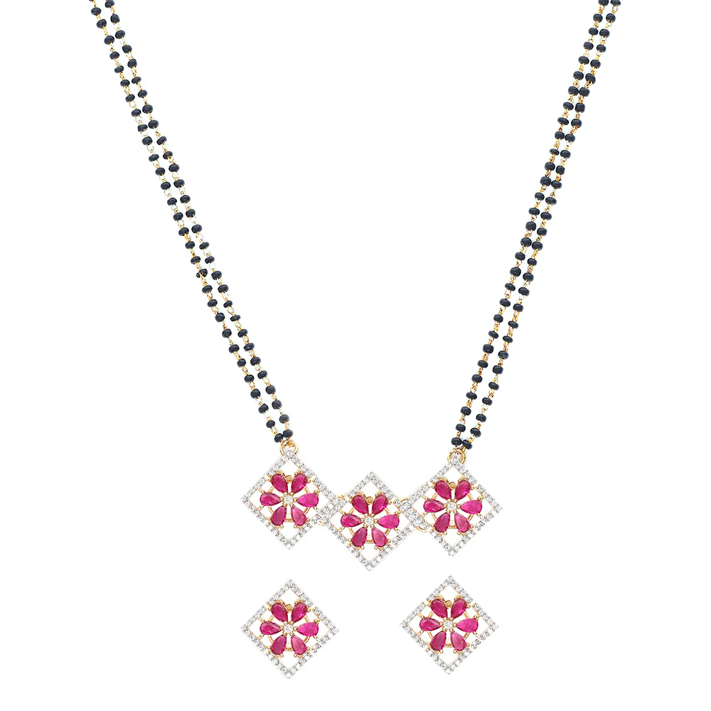 Shimmering Floret American Diamond CZ 3 Square Brass Black Beaded Mangalsutra with Earrings - Image 3