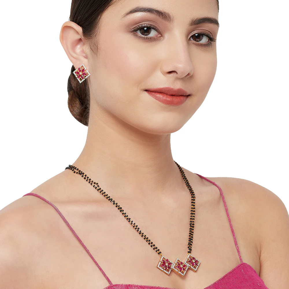 Shimmering Floret American Diamond CZ 3 Square Brass Black Beaded Mangalsutra with Earrings - Image 5