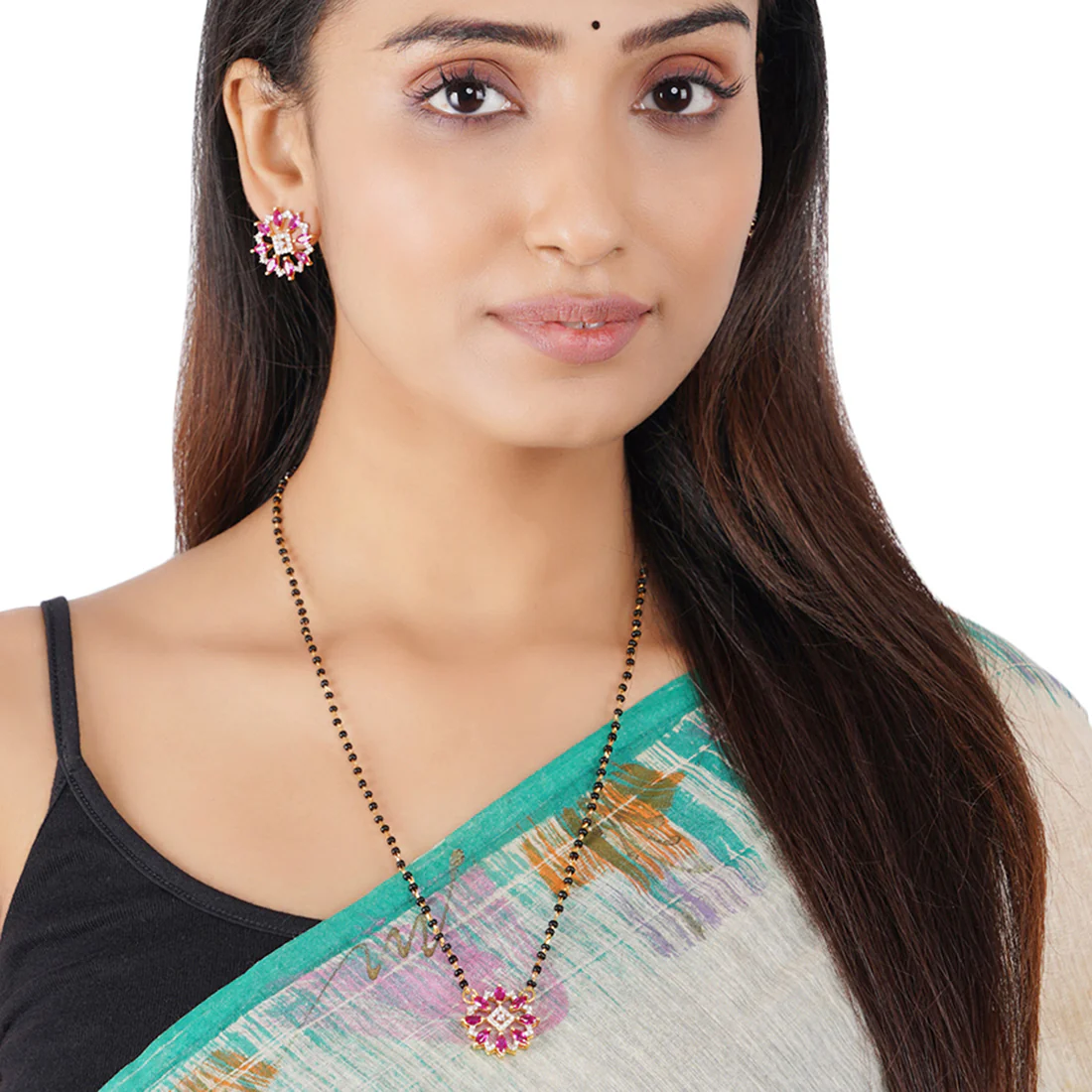 Shimmering Floret American Diamond CZ Flower Gold Plated Brass Black Beaded Mangalsutra with Earrings - Image 2