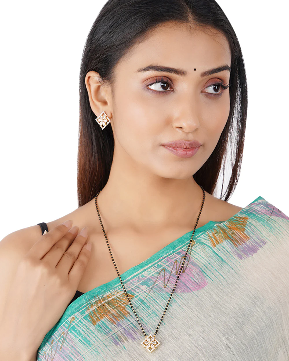Shimmering Floret American Diamond CZ Gold Plated Brass Black Beaded Mangalsutra with Gold Plated Earrings - Image 2