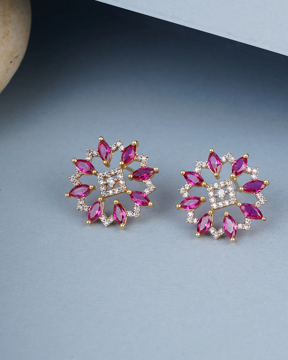 Shimmering Floret American Diamond CZ Gold Plated Brass Silver Stud Earrings