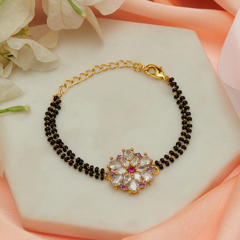 Shimmering Floret American Diamond CZ Golden Round Brass Bracelet