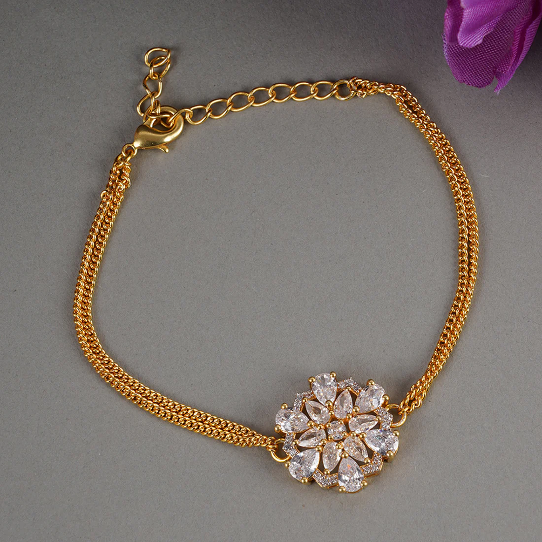 Shimmering Floret CZ Studded Golden Round Bracelet