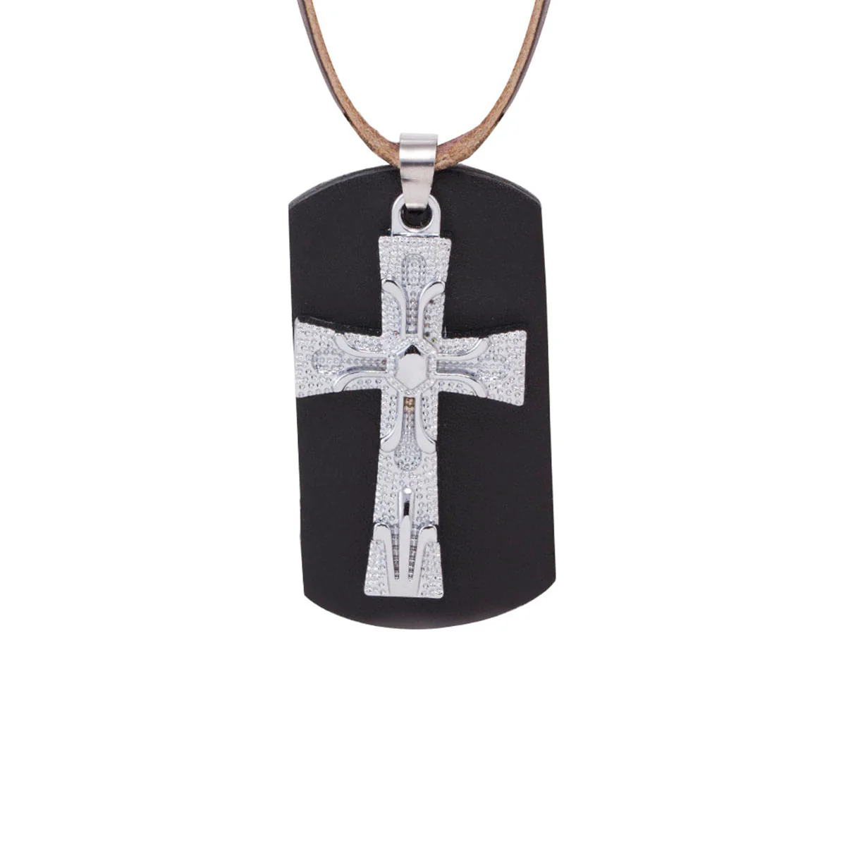 Shiny Cross Design Pendant With Leather Chain For Men - Image 3