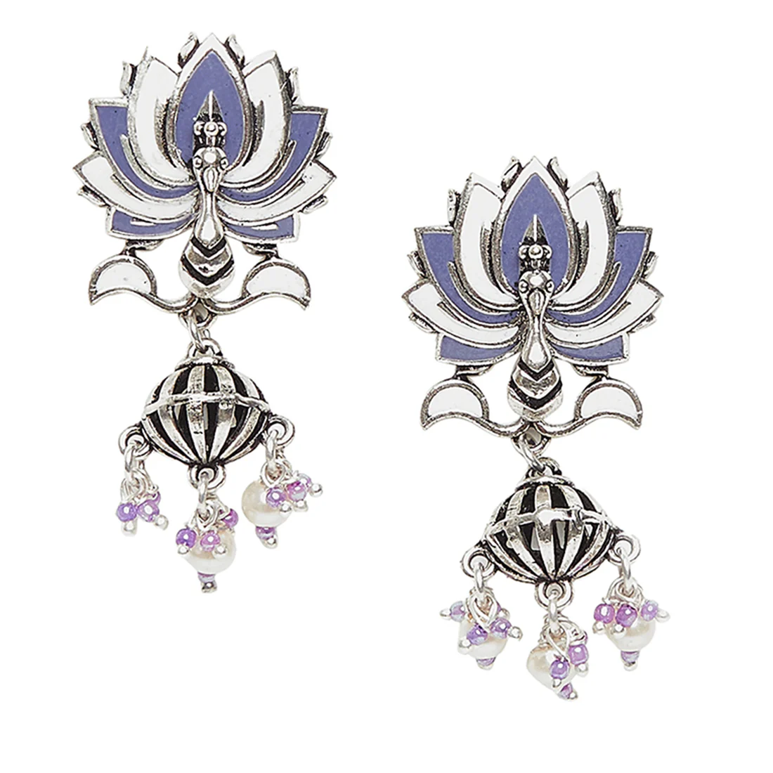 Shwet kamal Silver Plated Enameled Lilac Drop Earrings. - Image 3