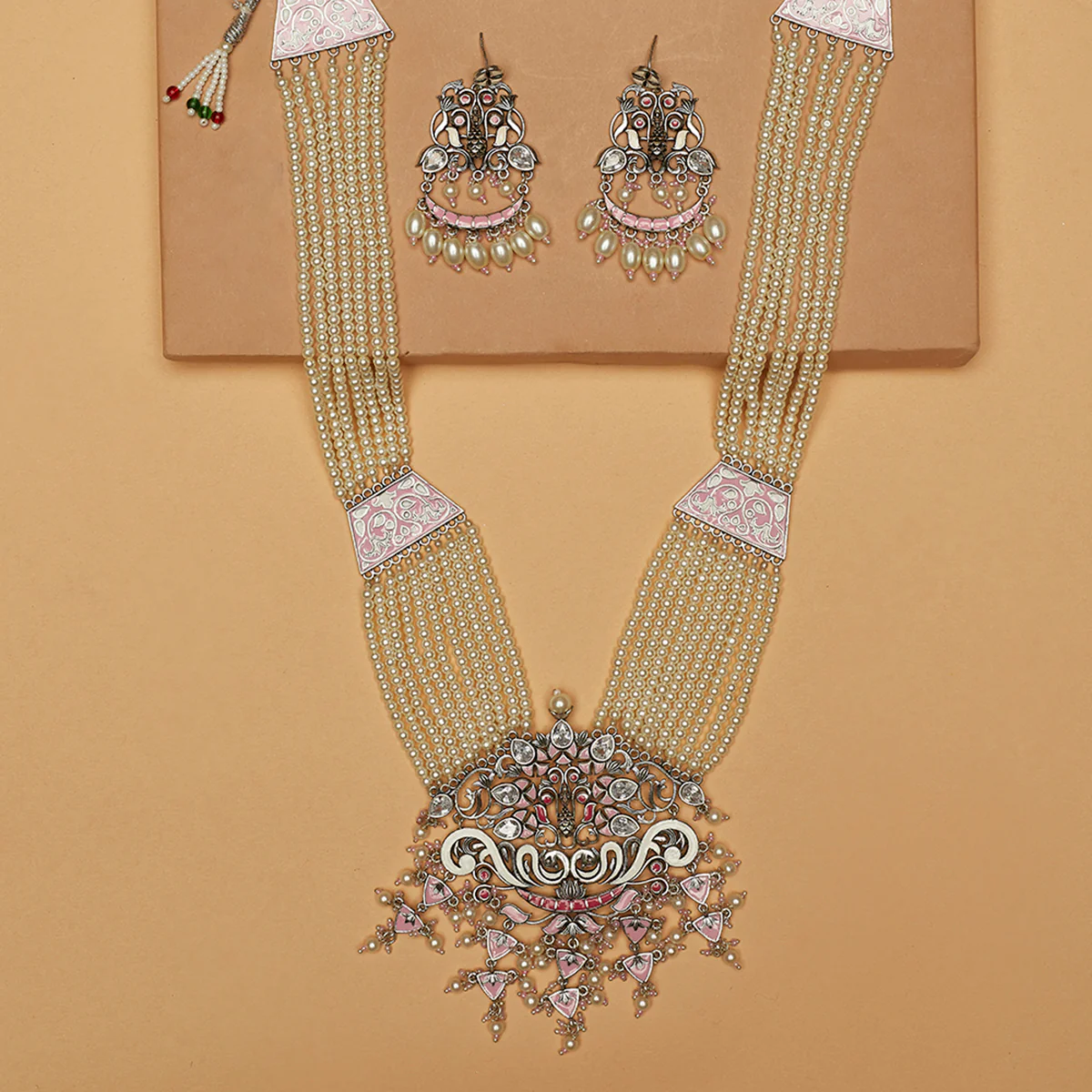 Shwet Kamal Enamel Details Faux Pearls and Kundan Silver Plated Jewellery Set