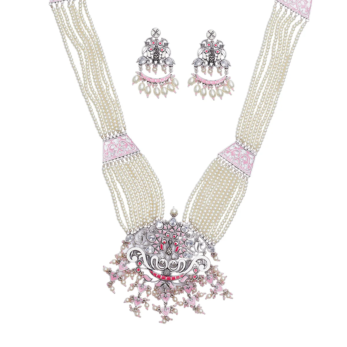 Shwet Kamal Enamel Details Faux Pearls and Kundan Silver Plated Jewellery Set - Image 4