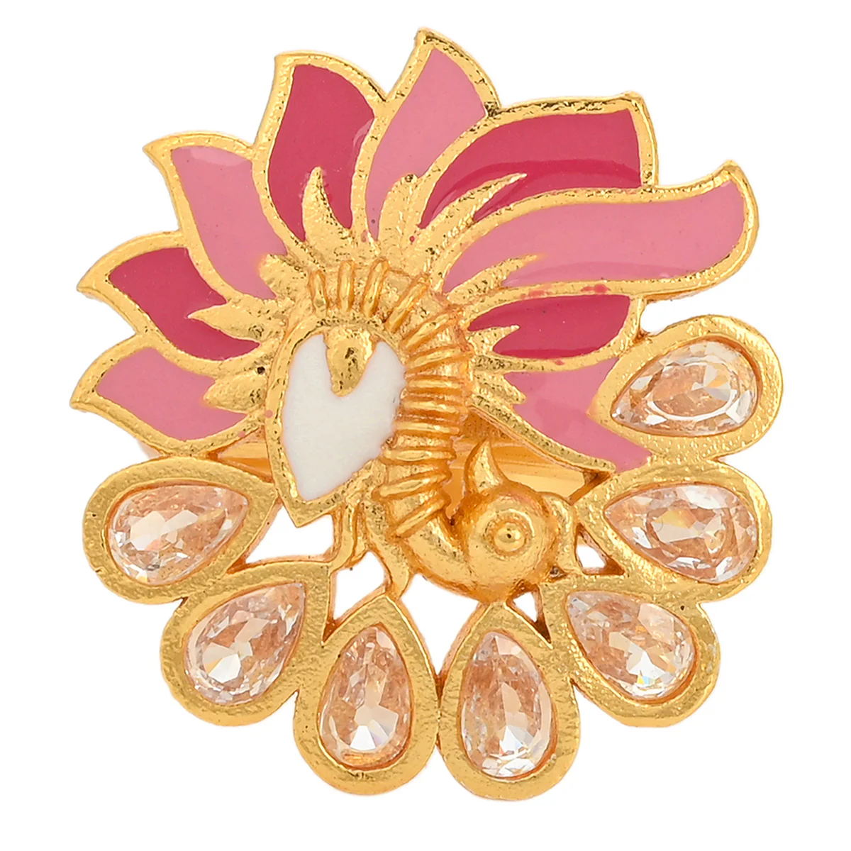 Shwet Kamal Enamelled Gold Plated Teardrop Faux Kundan Brass Ring - Image 3