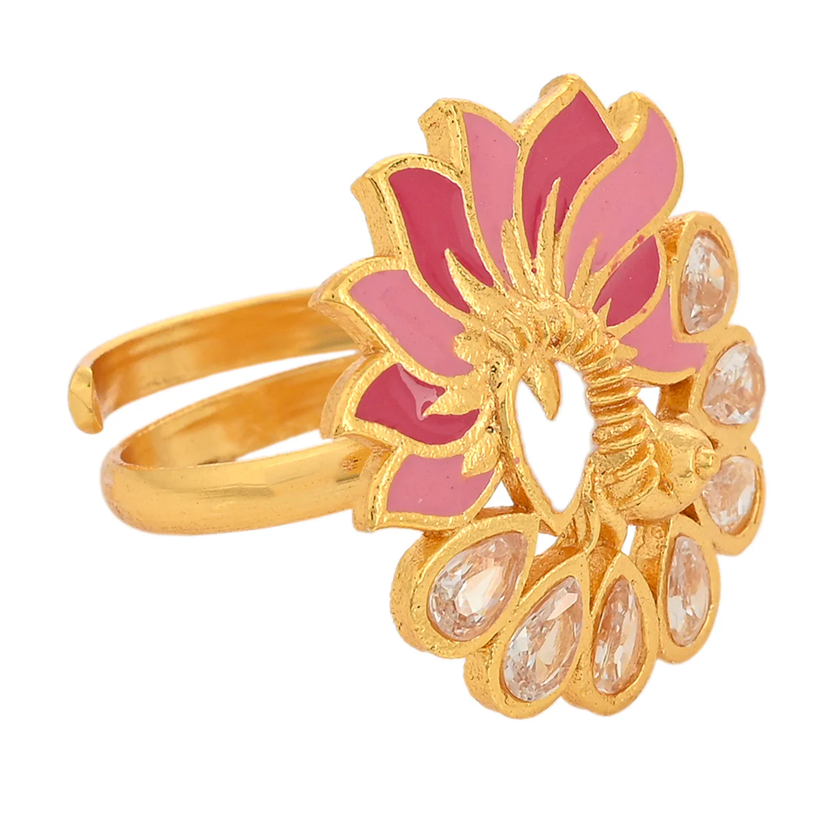 Shwet Kamal Enamelled Gold Plated Teardrop Faux Kundan Brass Ring - Image 5