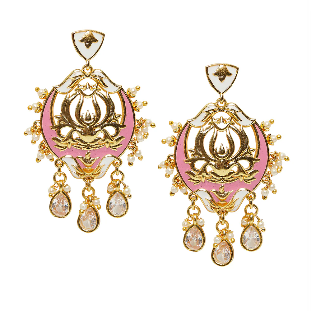 Shwet Kamal enamelled Gold toned Jhumki Earrings - Image 3