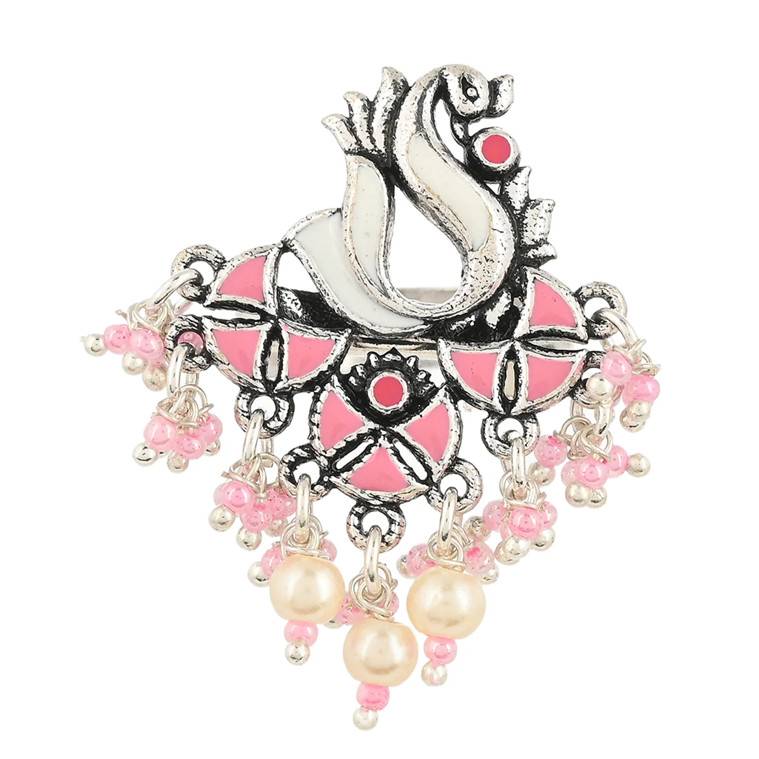 Shwet Kamal Faux Pearls Adorned Enamelled Peacock Motif Brass Adjustable Ring - Image 2