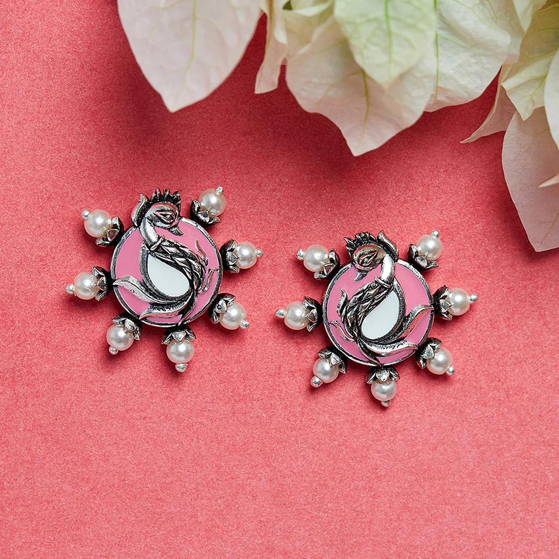 Shwet Kamal Faux Pearls Peacock Motif Silver Plated Stud Earrings