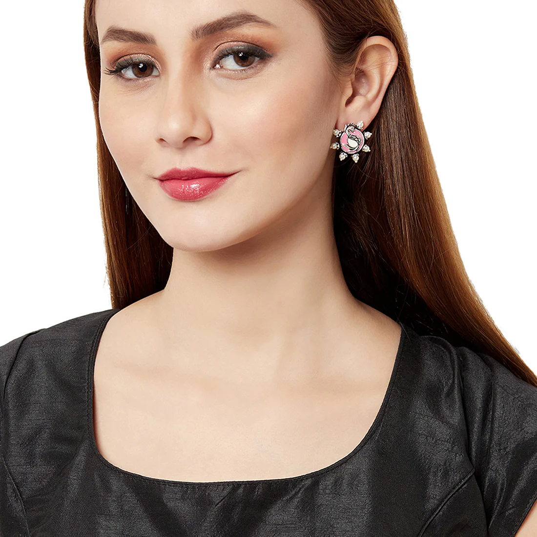Shwet Kamal Faux Pearls Peacock Motif Silver Plated Stud Earrings - Image 2