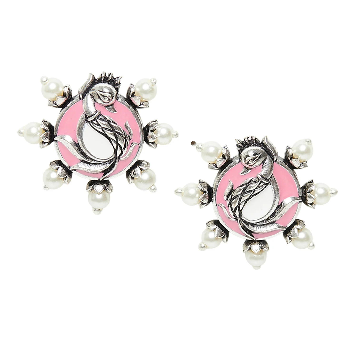 Shwet Kamal Faux Pearls Peacock Motif Silver Plated Stud Earrings - Image 3